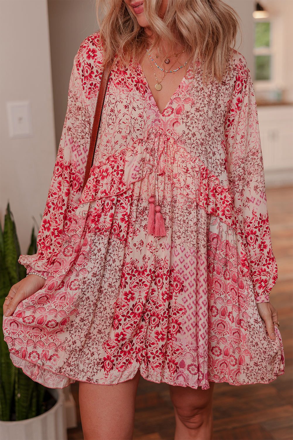 Pink Bohemian Floral Print Tassel Tie Long Sleeve Flowy Mini Dress - loveforevers