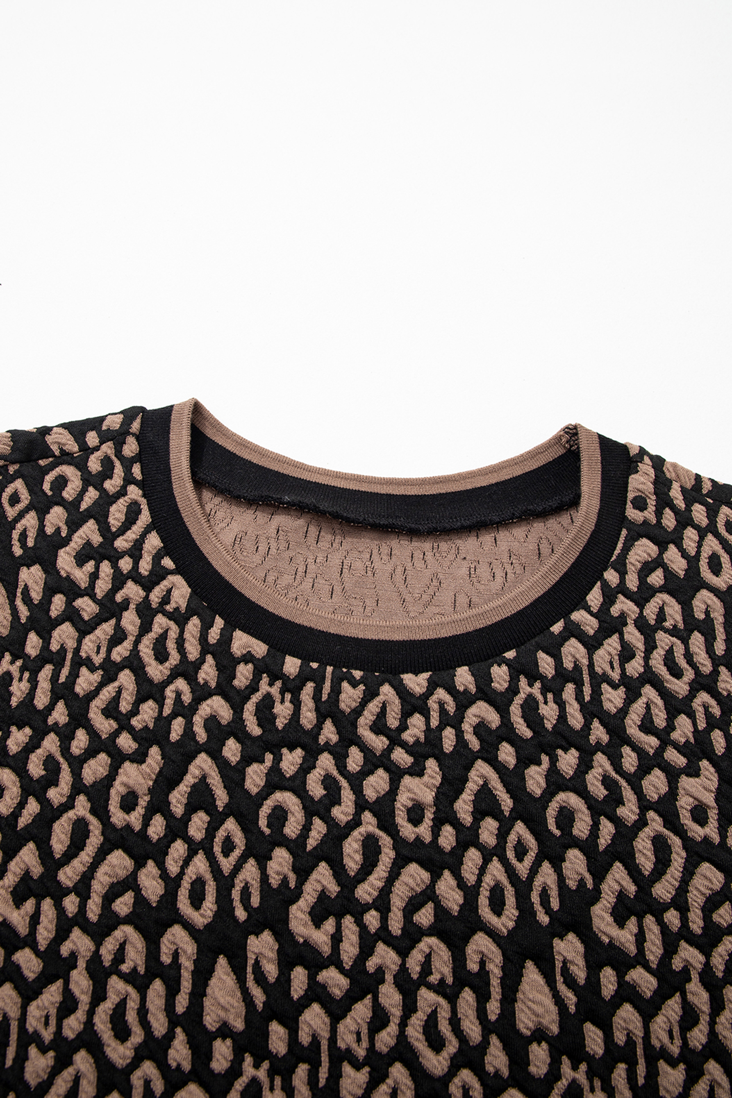 Black Leopard Print Puffy Bracelet Sleeve Contrast Trim Round Neck Top - loveforevers