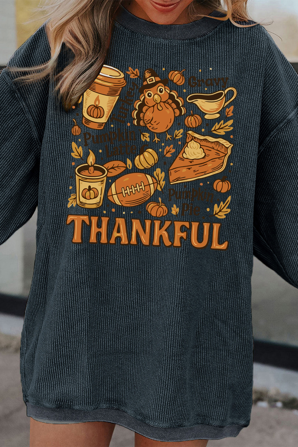 Dark Grey Twisted Ribbed THANKFUL Fall Fashion Printed Baggy Sweatshirt - loveforevers