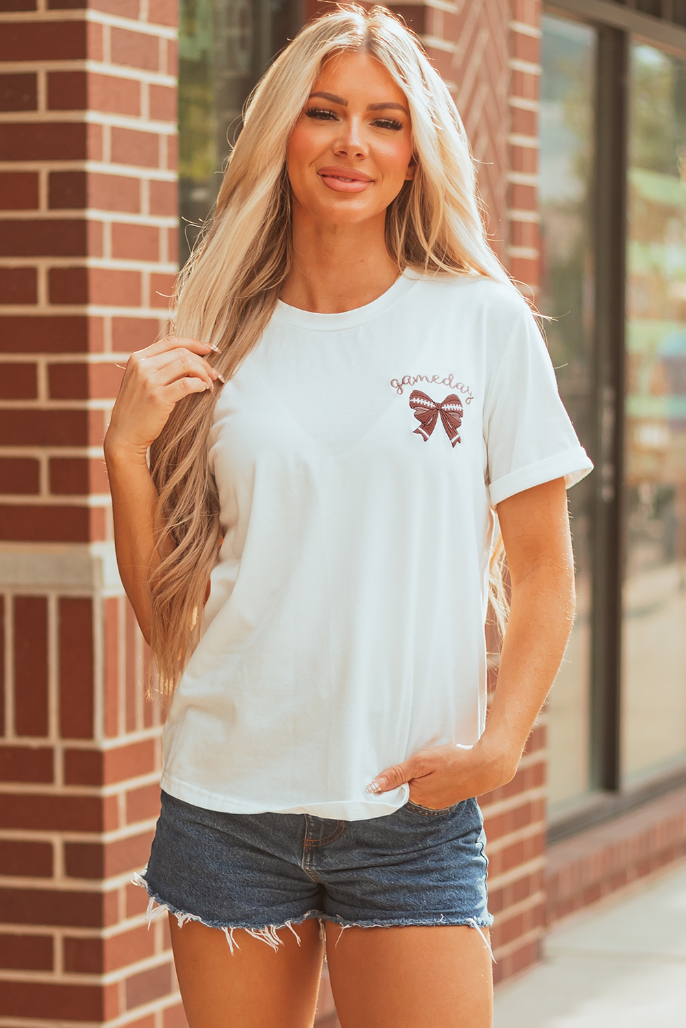 White Game Day Bowknot Embroidered Graphic Casual Tee - loveforevers