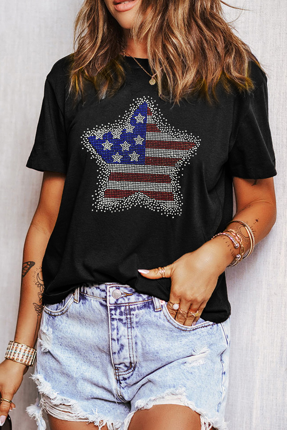 Black Flag Inspired Rhinestone Star Graphic T Shirt - loveforevers