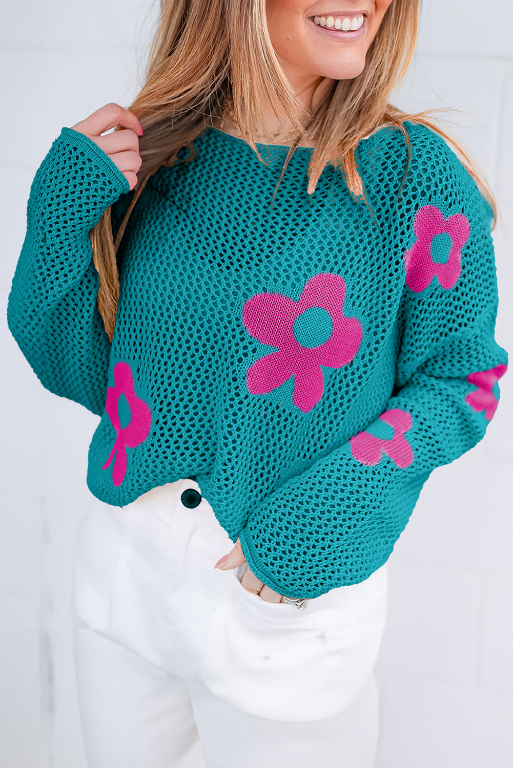 Light Pink Big Flower Hollowed Knit Drop Shoulder Sweater - loveforevers