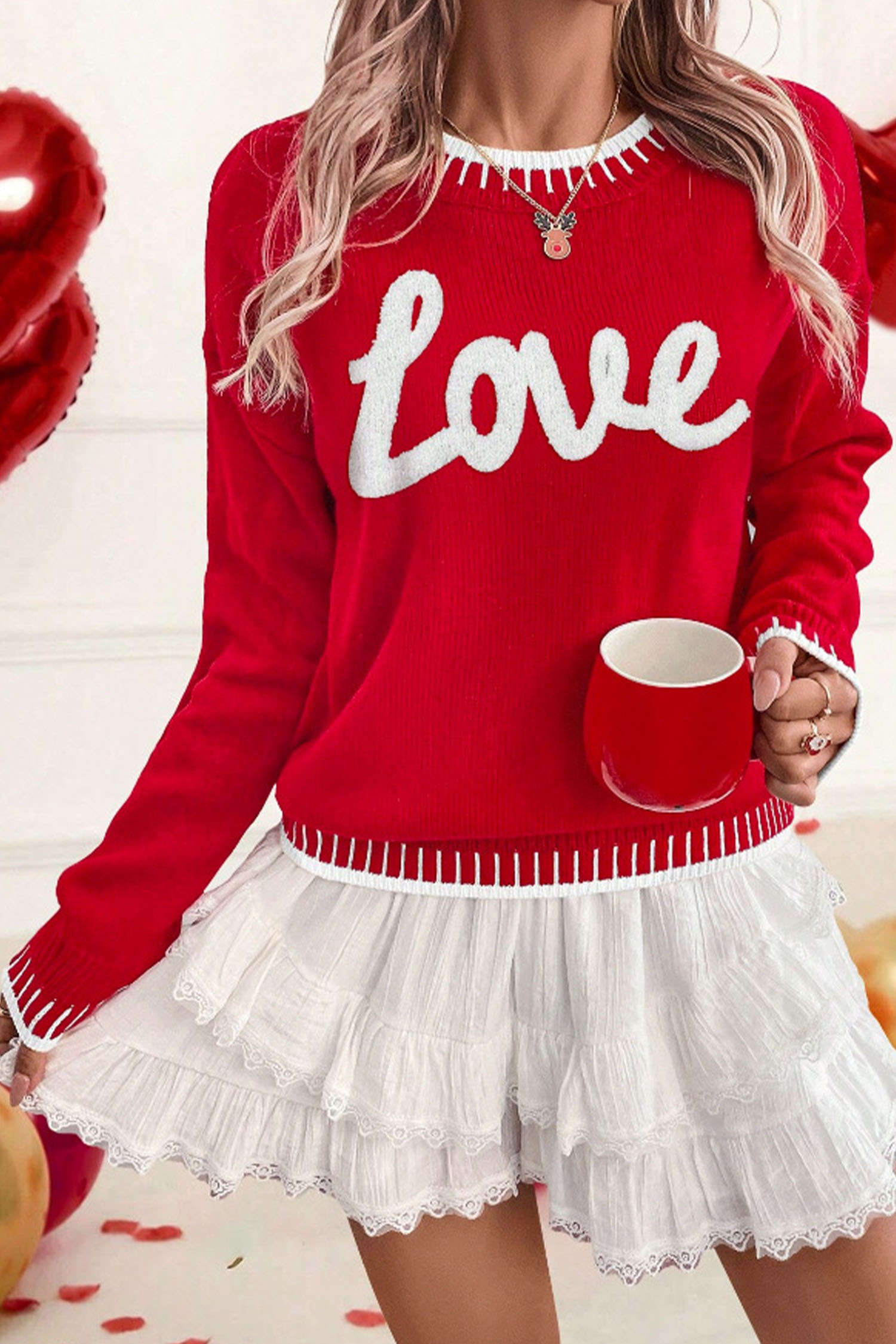 Light Blue Valentine Love Chenille Letter Graphic Sweater - loveforevers