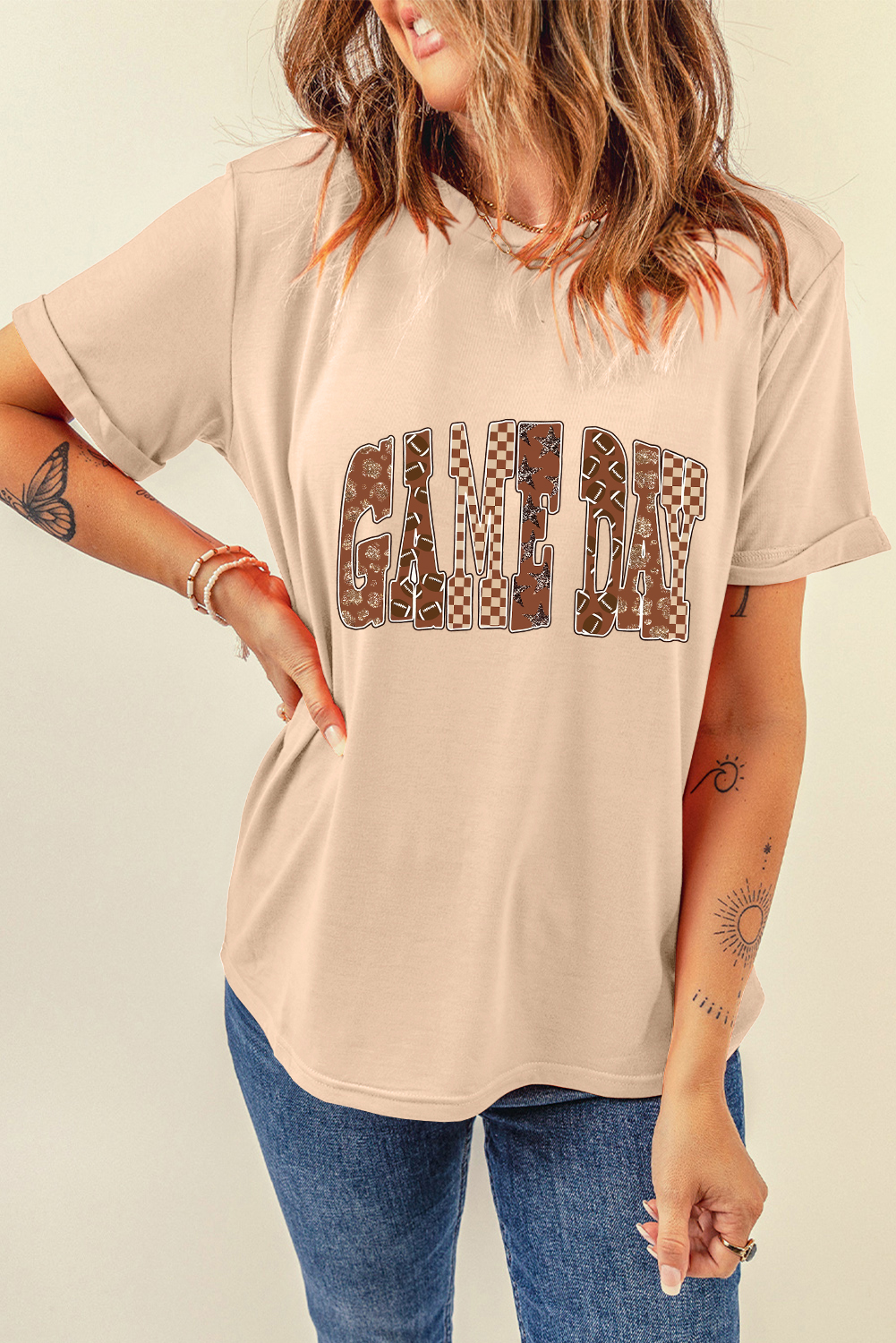 Khaki GAME DAY Rugby Checkered Letter Graphic T Shirt - loveforevers