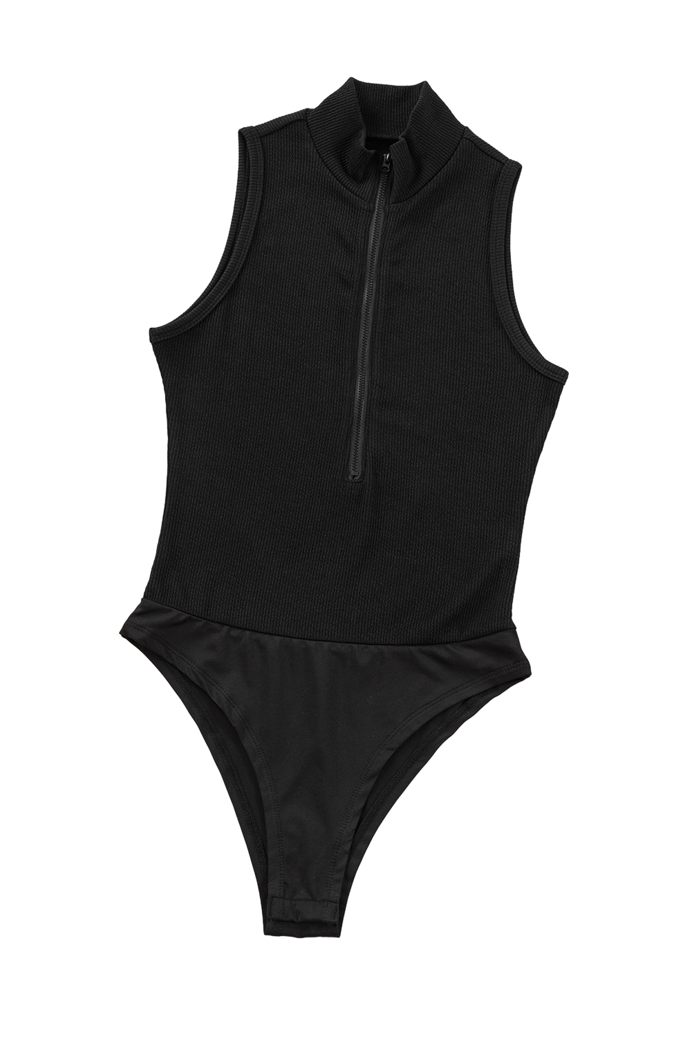 Black Zip up Mock Neck Ribbed Sleeveless Bodysuit - loveforevers