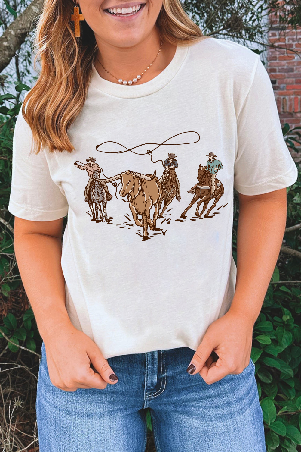 White Retro Cowboy Roping Cotton Blend Graphic Tee - loveforevers