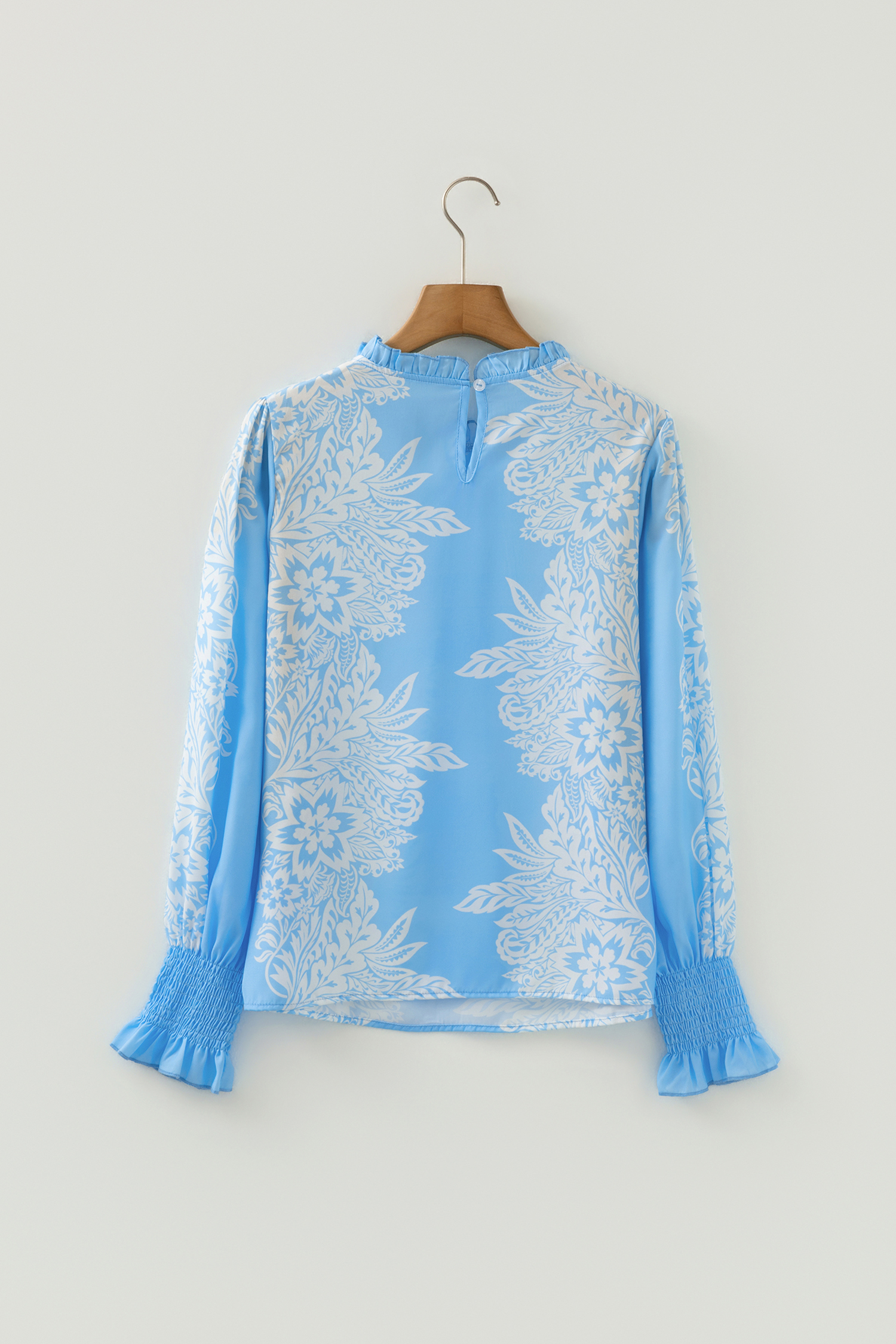Sky Blue Ruffled Collar Puff Sleeve Flower Blouse - loveforevers