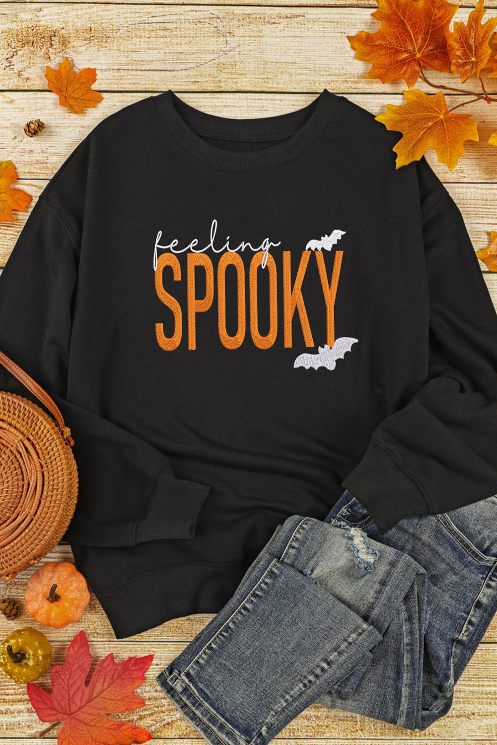Black Feeling Spooky Halloween Embroidered Graphic Baggy Sweatshirt - loveforevers