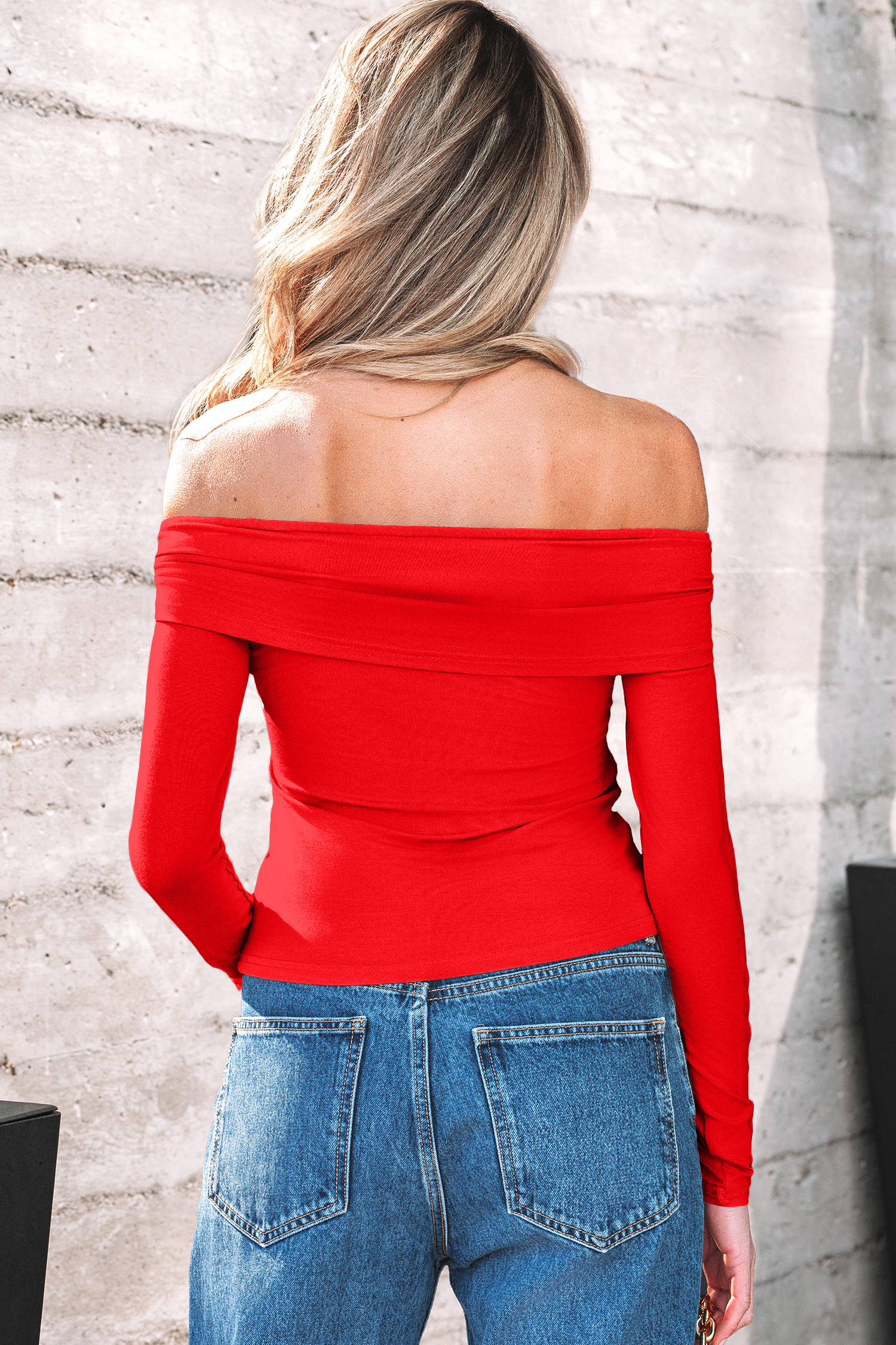 Fiery Red Foldover Off Shoulder Long Sleeve Slim Top - loveforevers