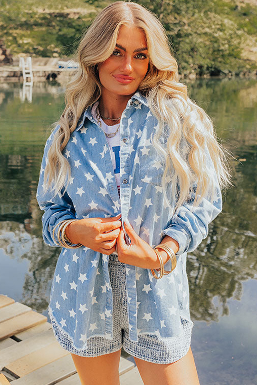 Sky Blue Star Print Light Wash Raw Hem Denim Jacket - loveforevers