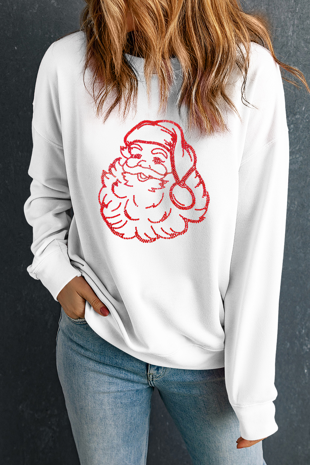 White Father Christmas Rhinestone Graphic Drop Shoulder Sweatshirt - loveforevers