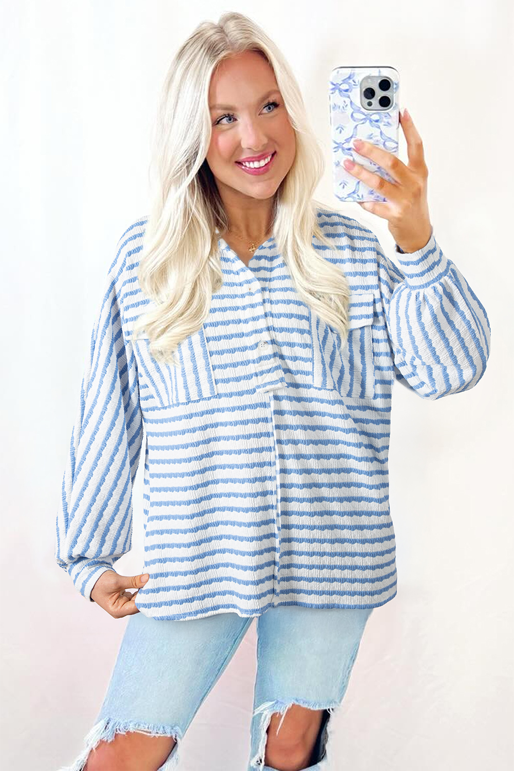 Sky Blue Stripe Half Button Collared Chest Pockets Loose Fit Blouse - loveforevers