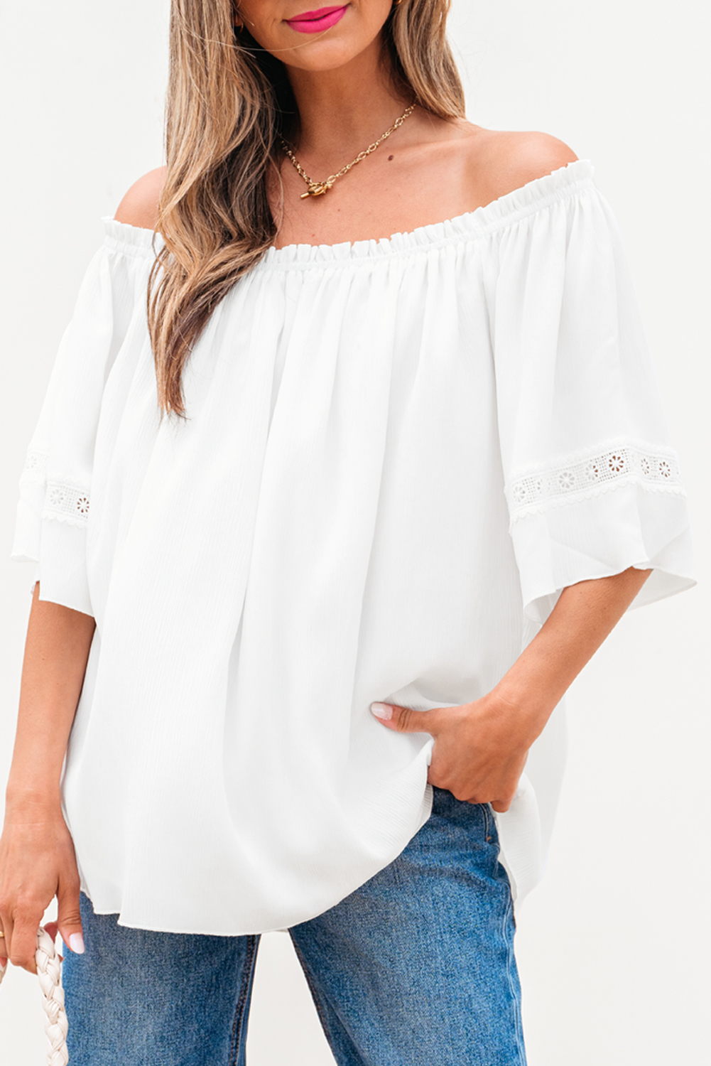 White Frilly Off Shoulder Lace Insert Sleeve Textured Blouse - loveforevers