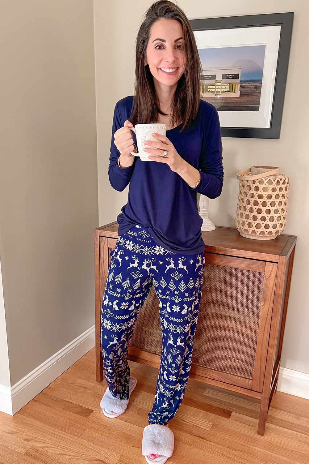 Blue Solid Top and Christmas Pants Two Piece Lounge Set - loveforevers