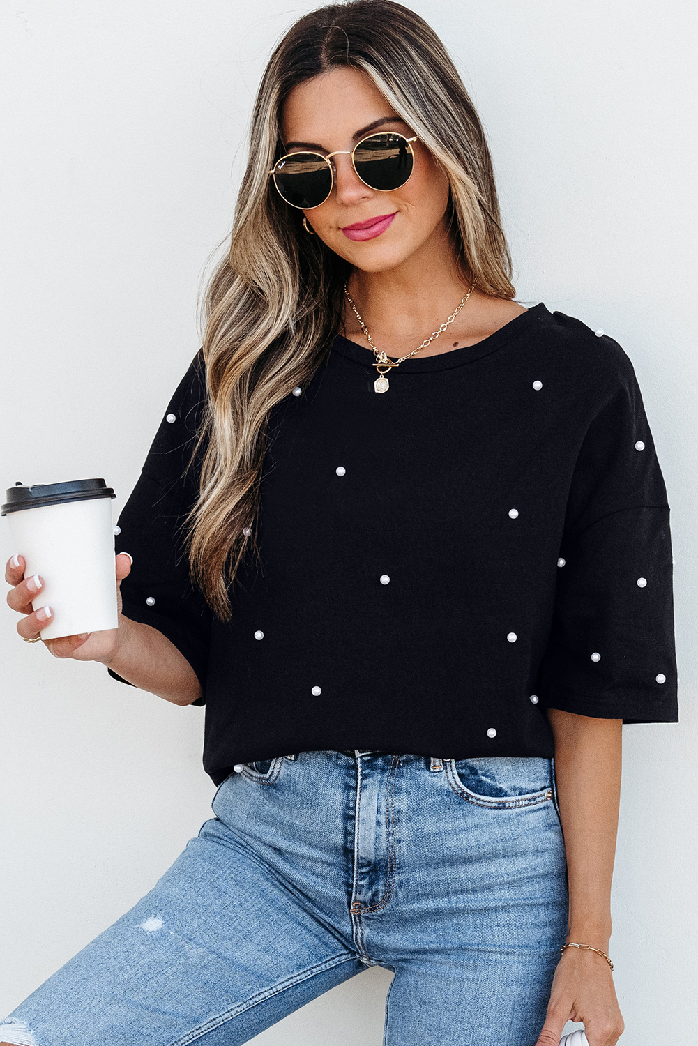 Black Pearl Beaded  Drop Shoulder Crewneck T Shirt - loveforevers