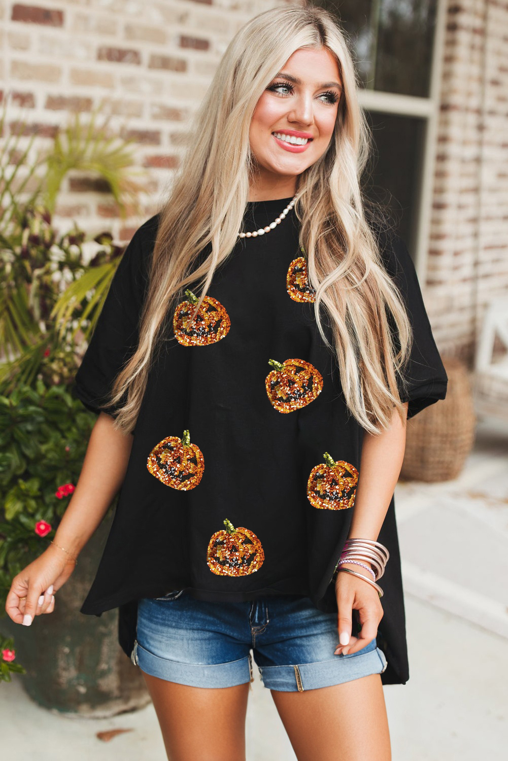 Black Sequin Jack-o-lantern Pattern Halloween Casual Tee - loveforevers