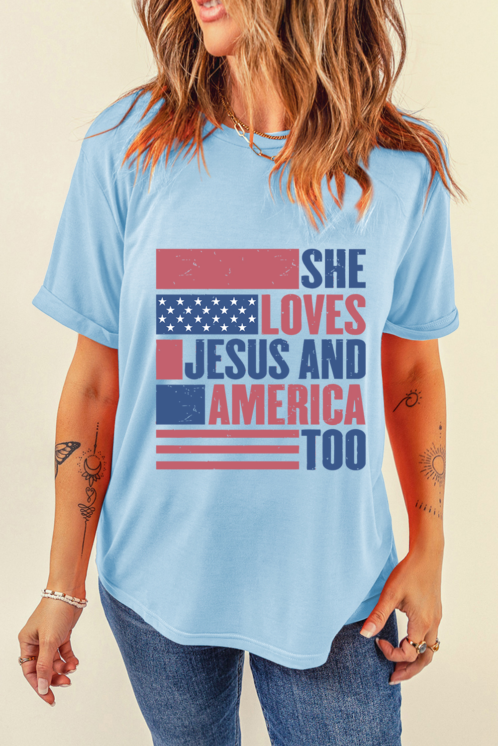 Light Blue SHE LOVES JESUS AND AMERICA TOO Flag Graphic T Shirt - loveforevers