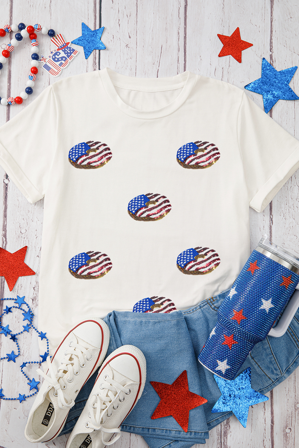 White Sequined Flag Pattern Donuts Graphic T Shirt - loveforevers