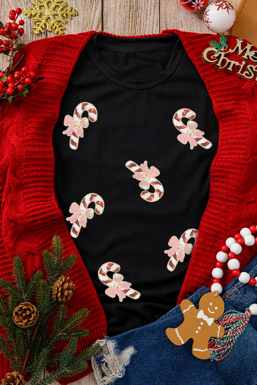 Black Sequined Candy Cane Patched Pattern Holiday T Shirt - loveforevers