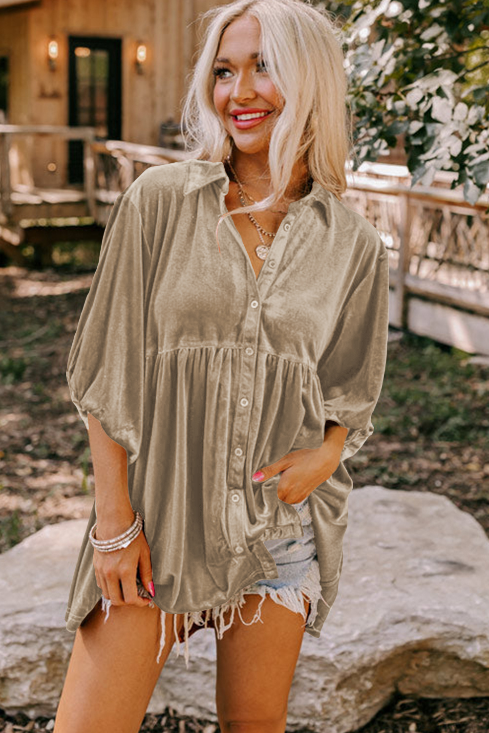 Burgundy 3/4 Sleeve Tunic Babydoll Velvet Shirt - loveforevers