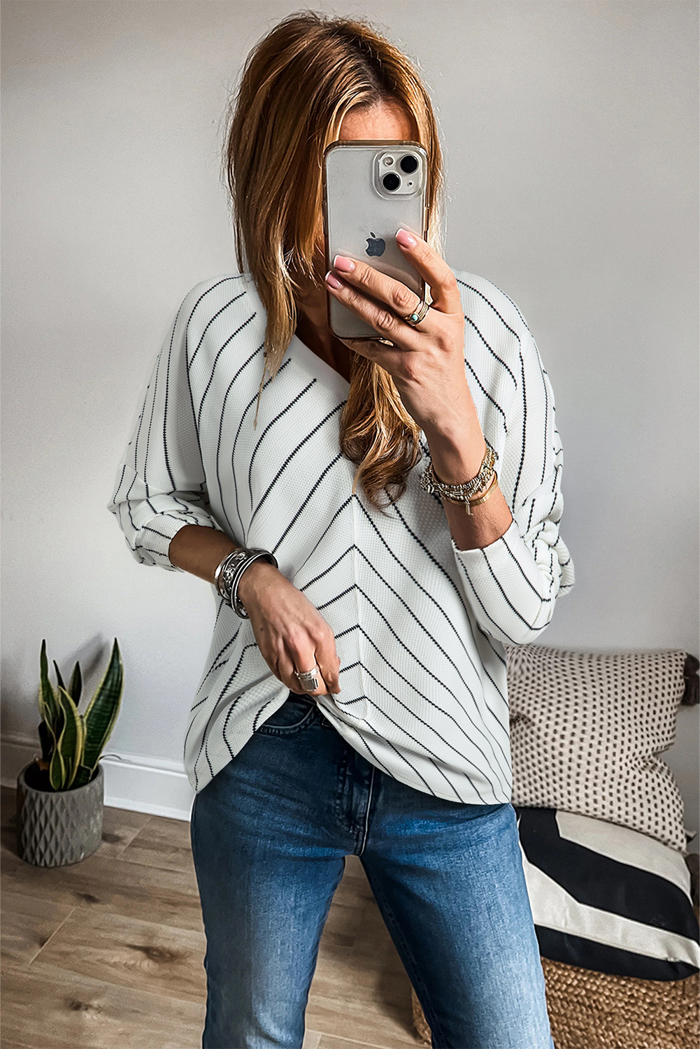 Black Stripe Chevron Striped V Neck Long Sleeve Casual Top - loveforevers