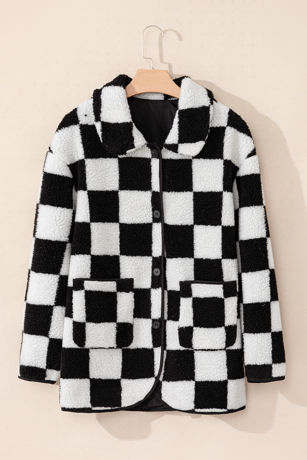 Black Checkered Side Pockets Collared Buttoned Fleece Jacket - loveforevers