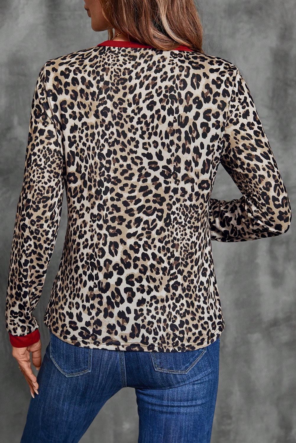 Brown Leopard Print Contrast Trim Round Neck Long Sleeve Top - loveforevers