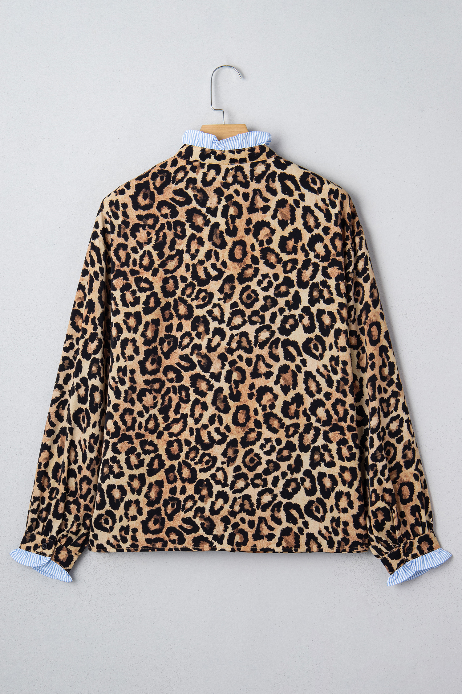 Brown Wild Leopard Print Contrast Striped Frilled Trim Chic Shirt - loveforevers