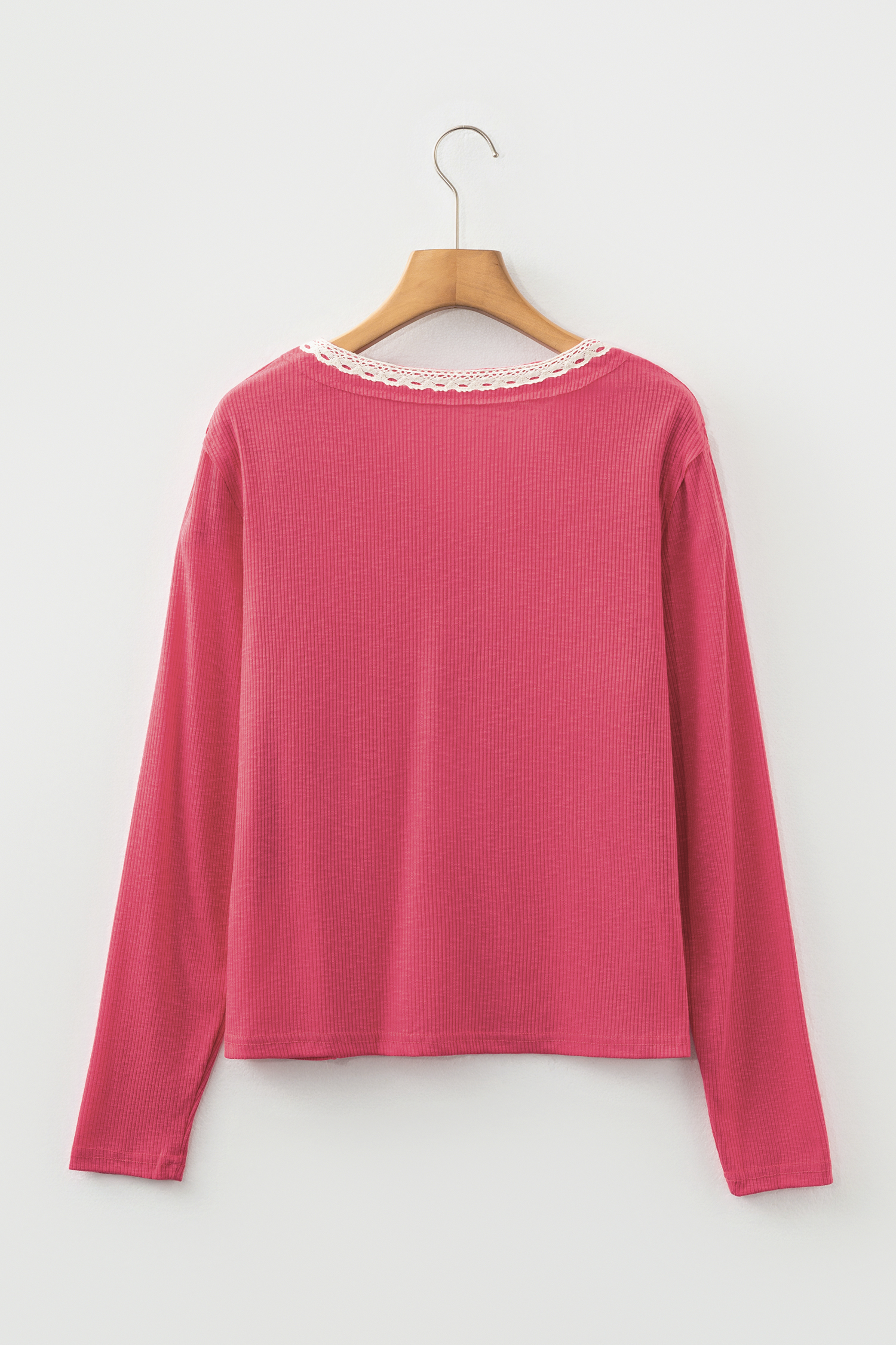 Racing Red Ribbed Texture Contrasted Lace Trim Button V Neck Long Sleeve Top - loveforevers