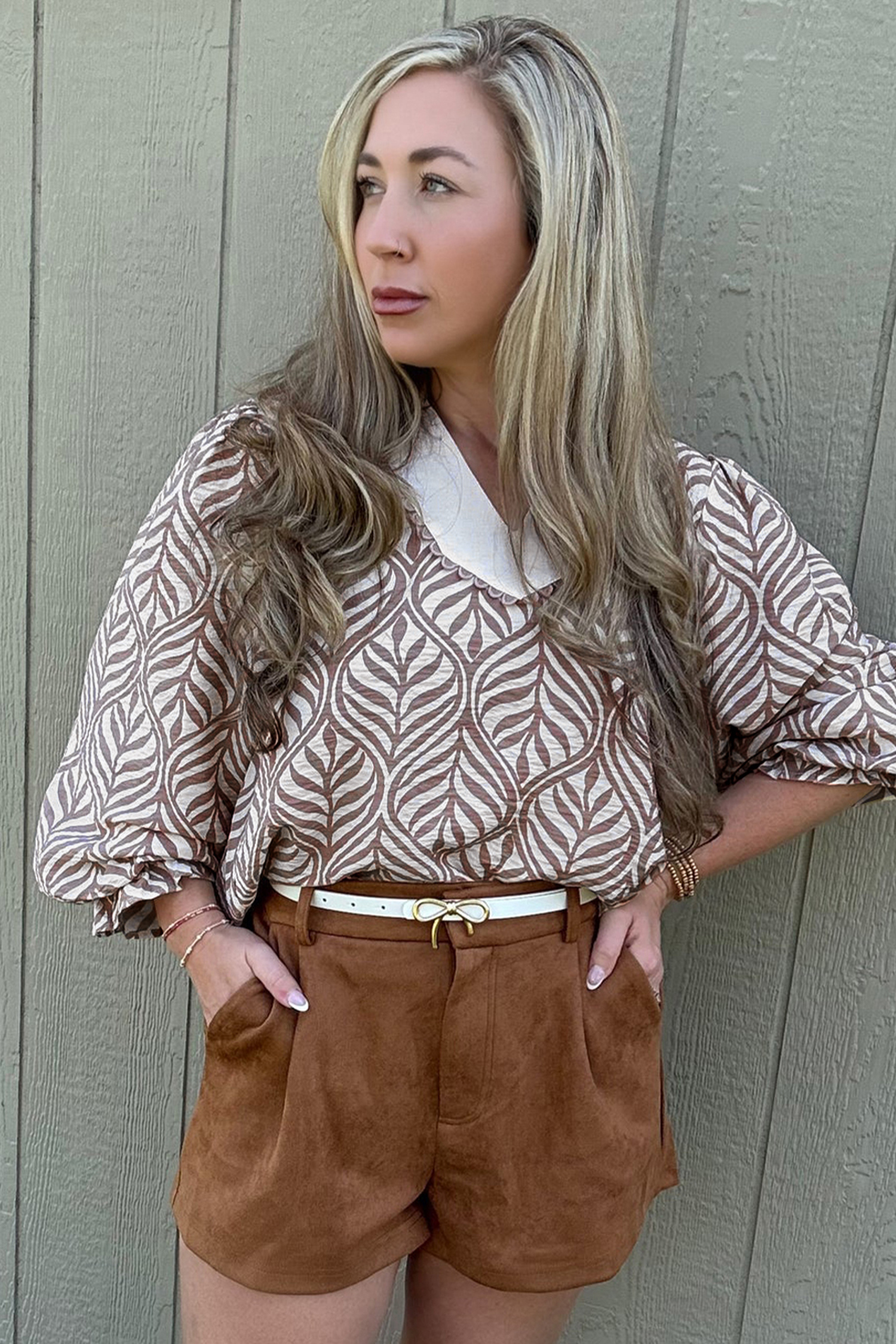 Brown Leaf Print Standing Collar Puff Sleeve Top - loveforevers