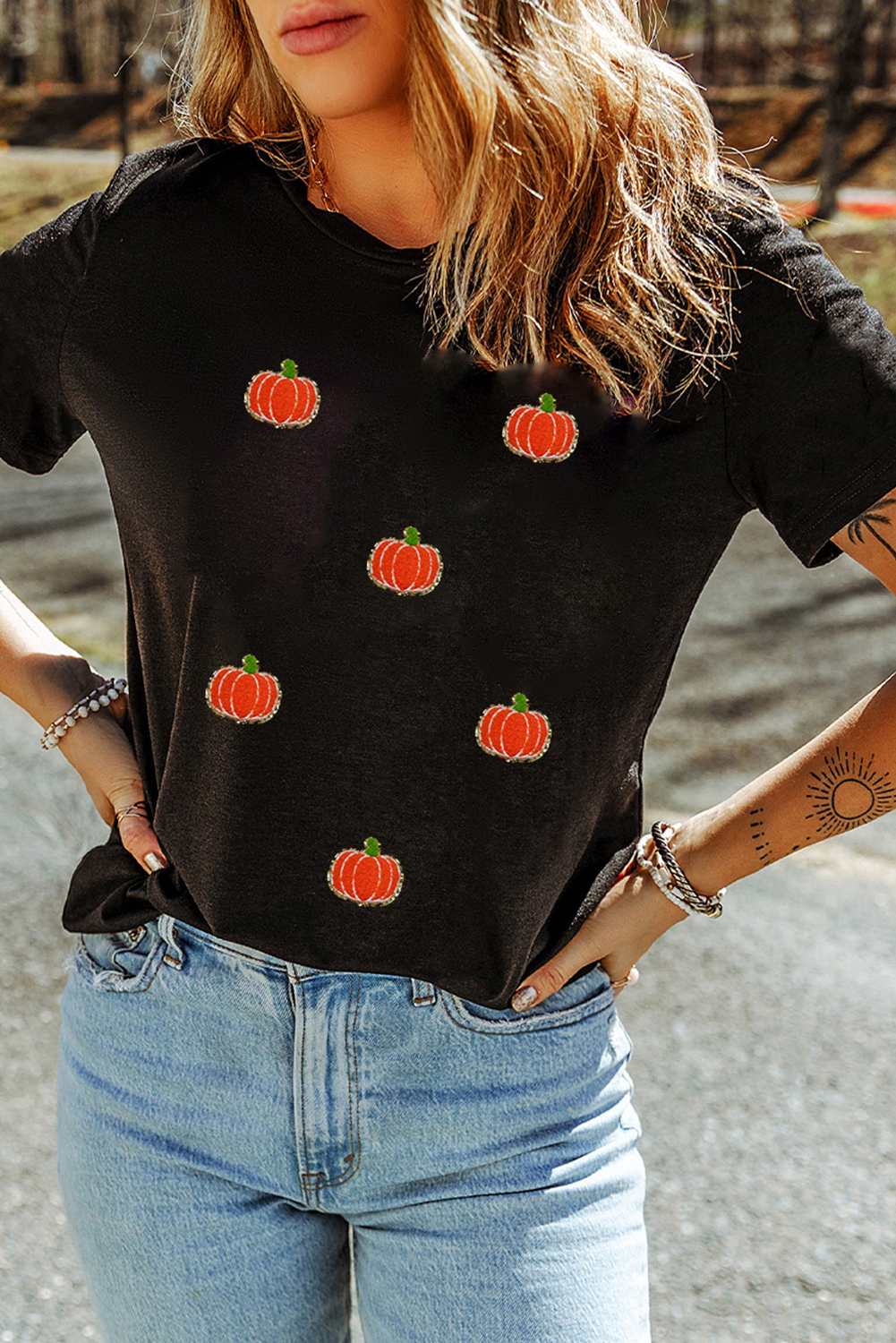 Black Chenille Pumpkin Patched Casual Cotton Blend T Shirt - loveforevers