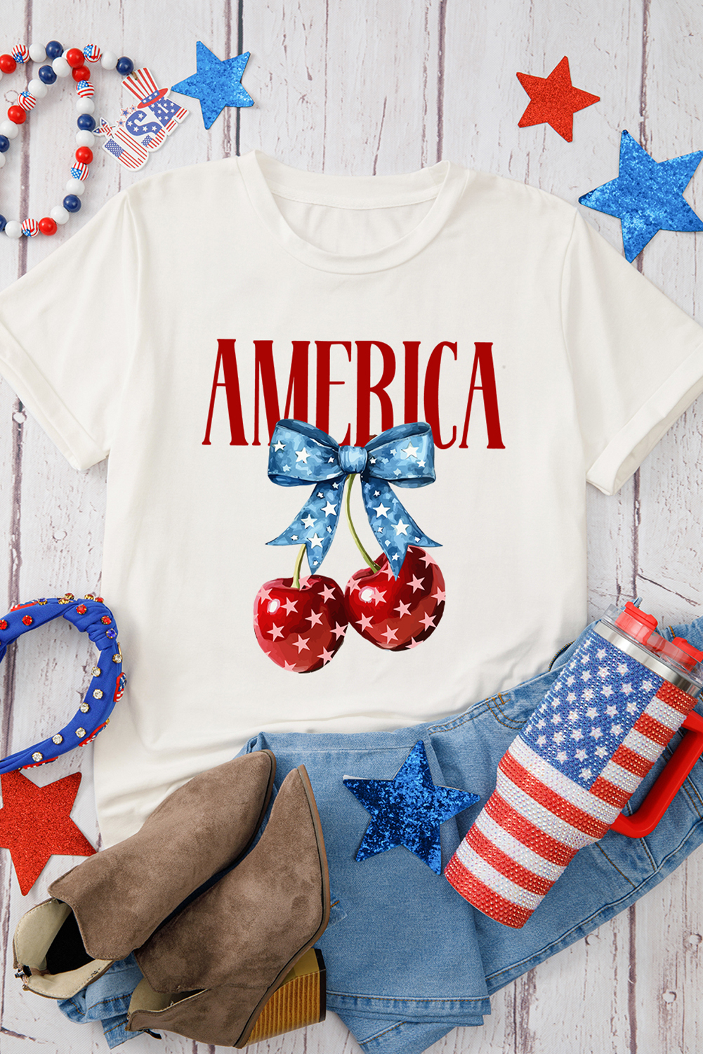 White AMERICA Bow Cherry Print Crewneck T Shirt - loveforevers