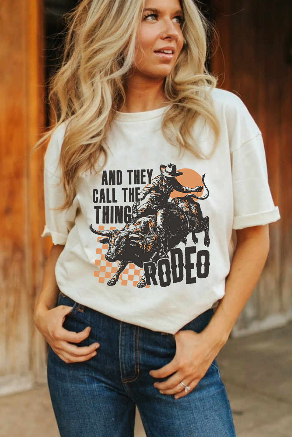 White AND THEY CALL THE THING RODEO Graphic Crewneck Tee - loveforevers
