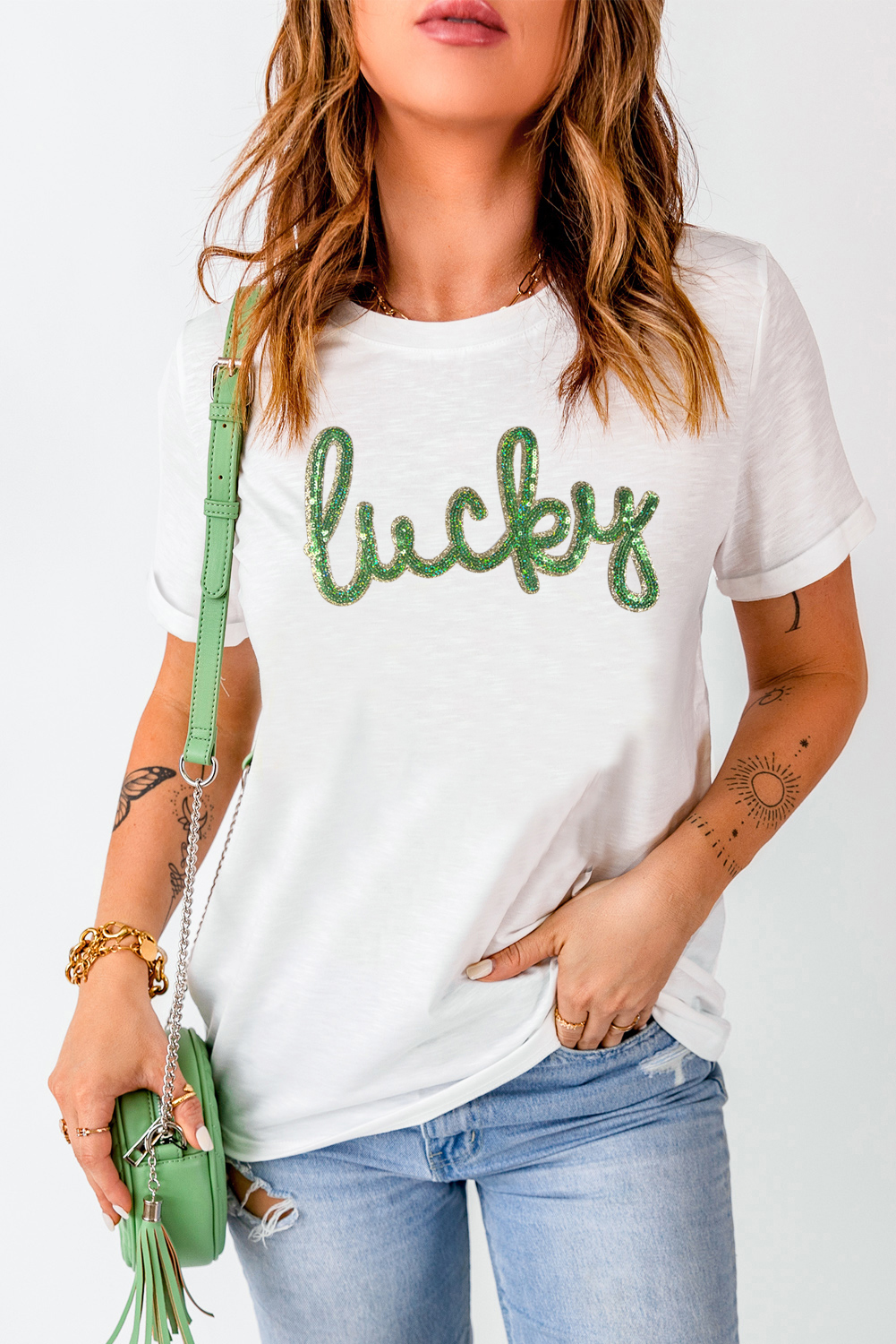 White Sequined Lucky St.Patricks Day Graphic Tee - loveforevers