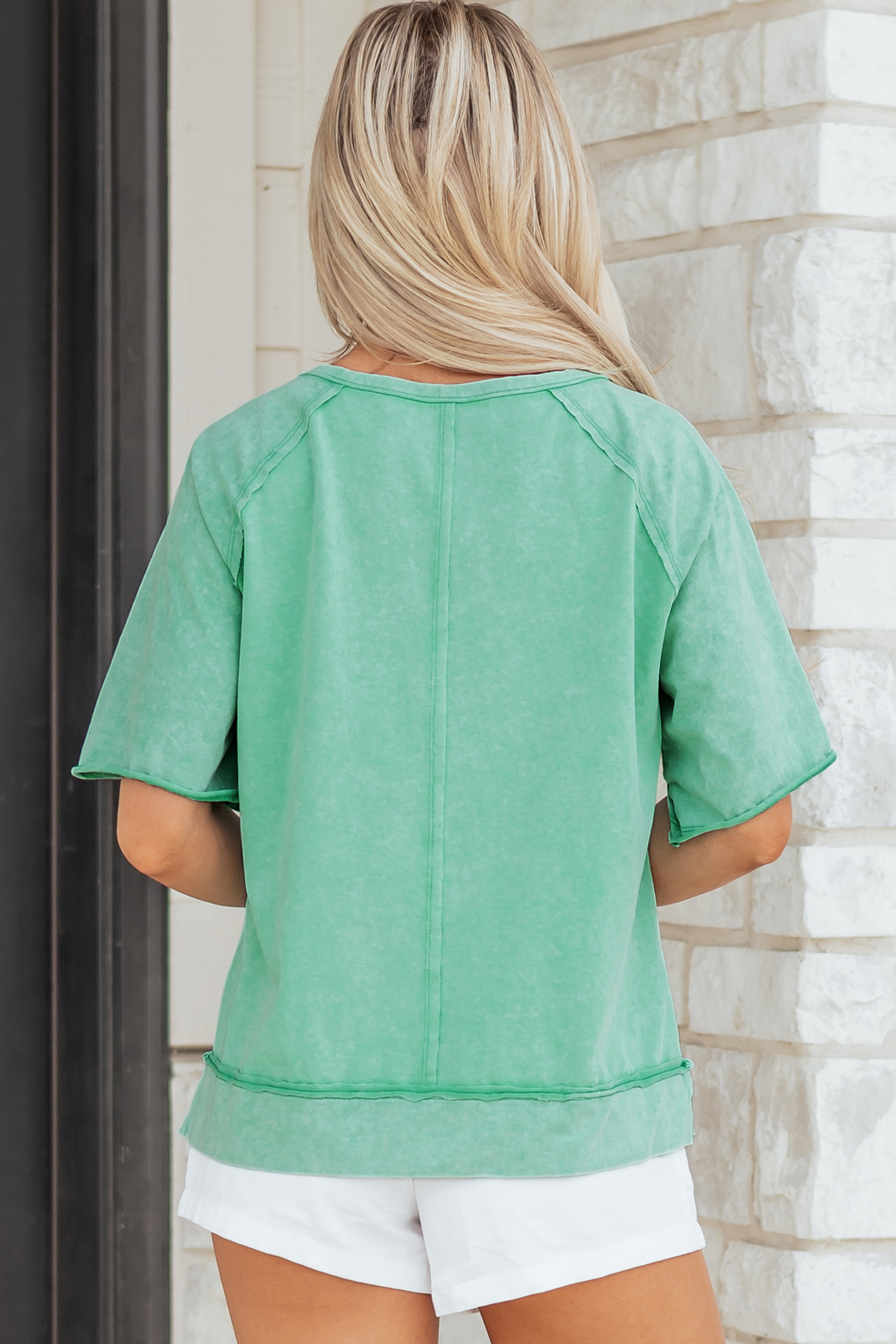 Mint Green Half Buttons Raw Seam Raglan Sleeve Mineral Wash T Shirt - loveforevers