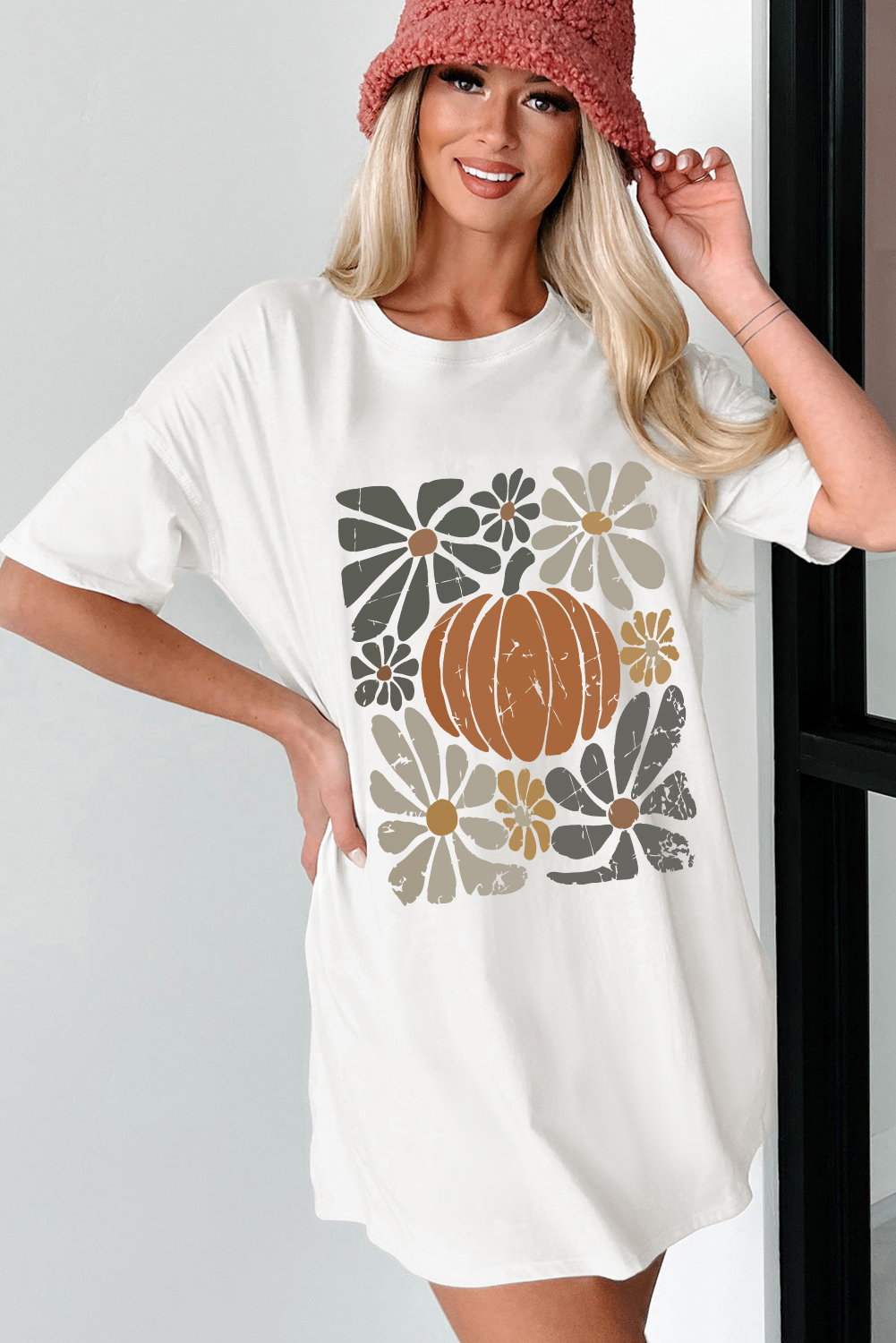White Thanksgiving Pumpkin Print Loose Crewneck Tunic T Shirt - loveforevers