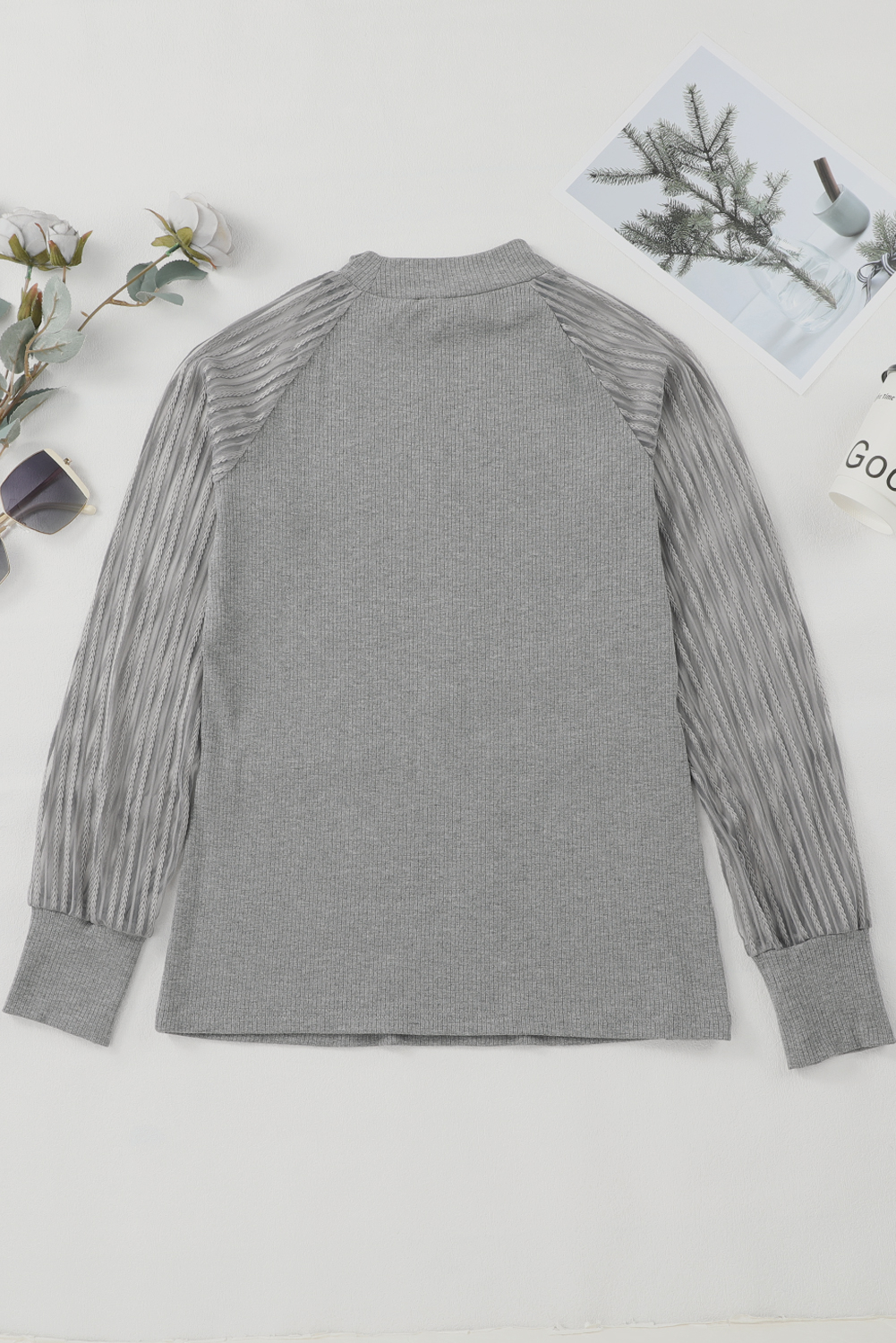 Gray Striped Mesh Long Sleeve Crewneck Ribbed Top - loveforevers
