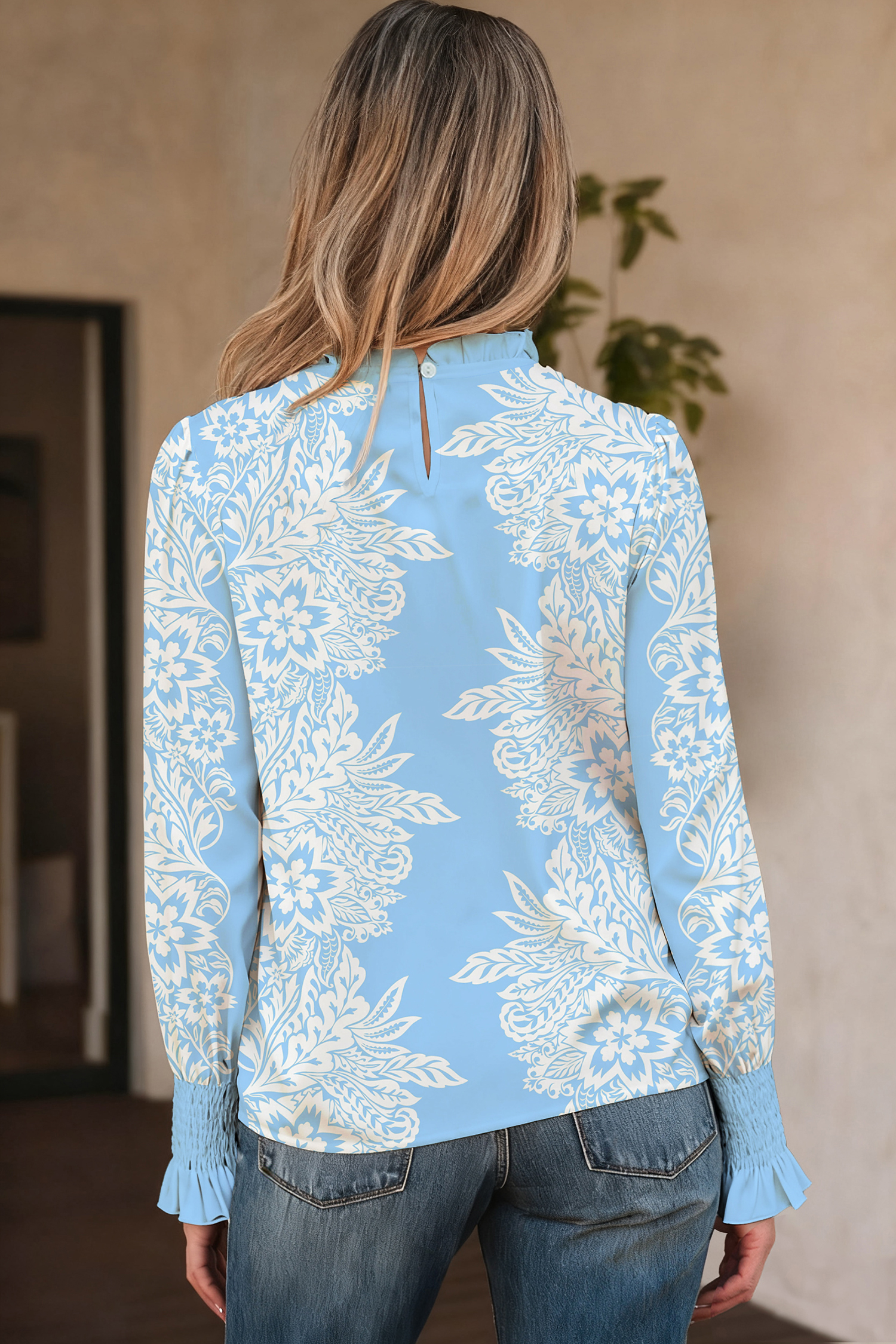 Sky Blue Ruffled Collar Puff Sleeve Flower Blouse - loveforevers