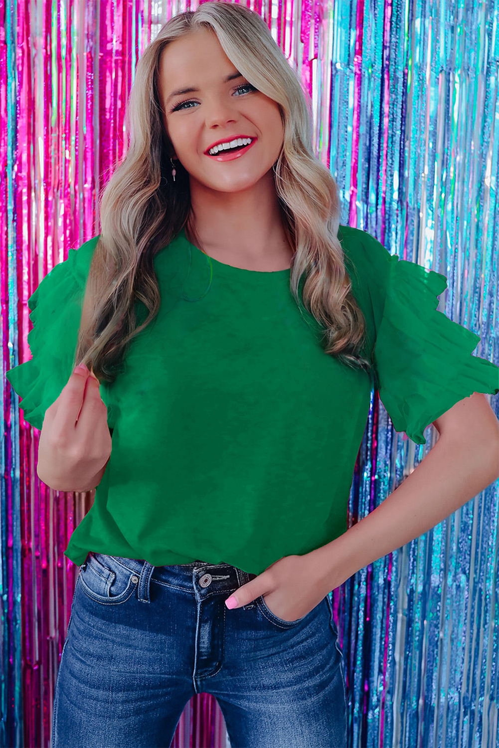 Dark Green Tulle Ruffle Sleeve Blouse - loveforevers