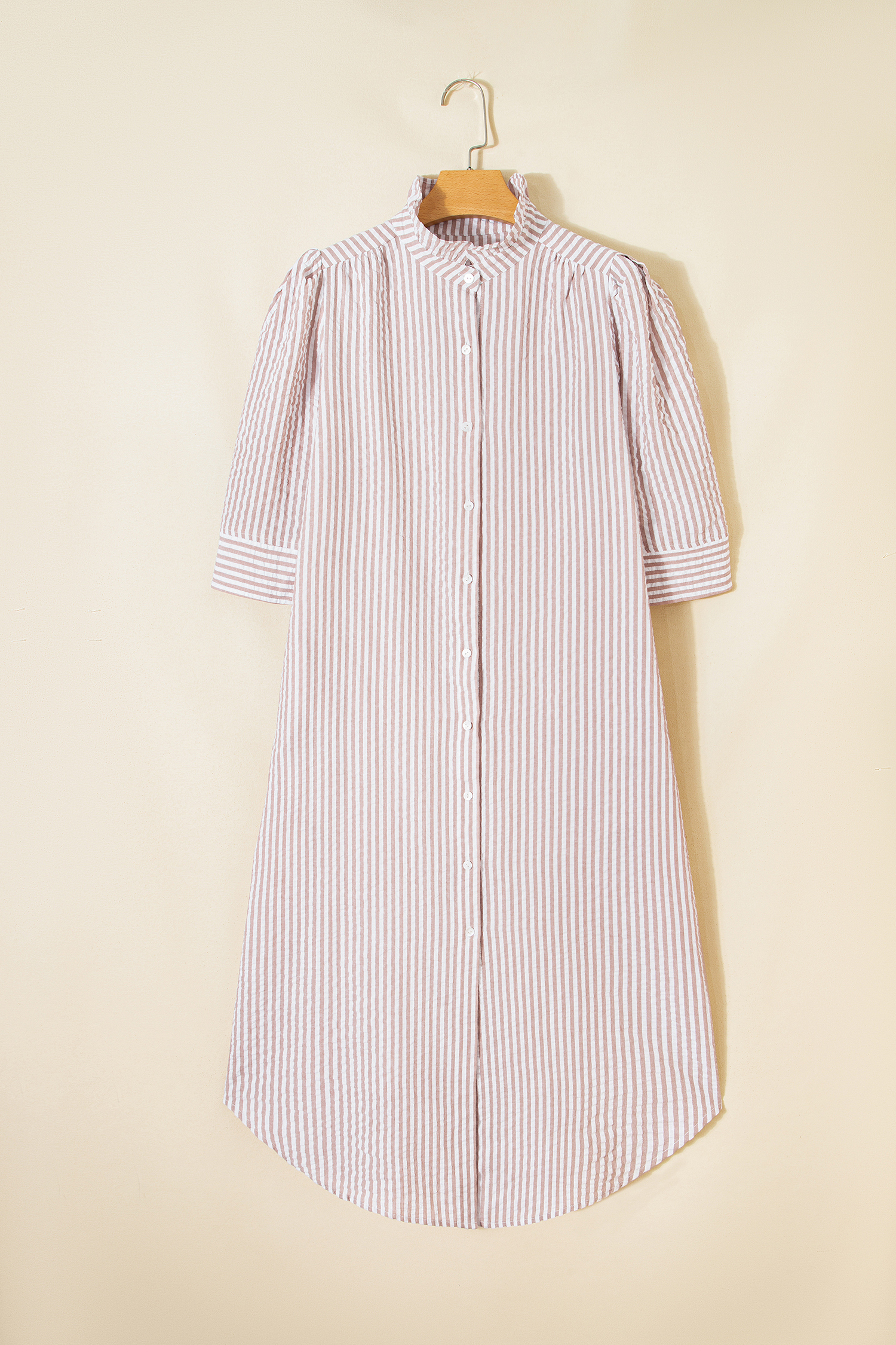 Khaki Stripe Frilled Collar Half Sleeve Shirt Maxi Dress - loveforevers