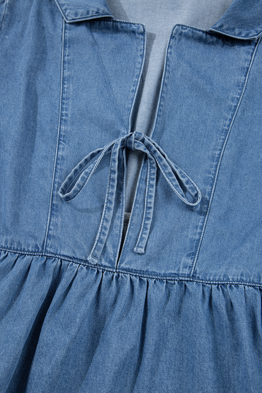 Dusk Blue Denim Lapel Neck Balloon Sleeve Tied Peplum Top - loveforevers