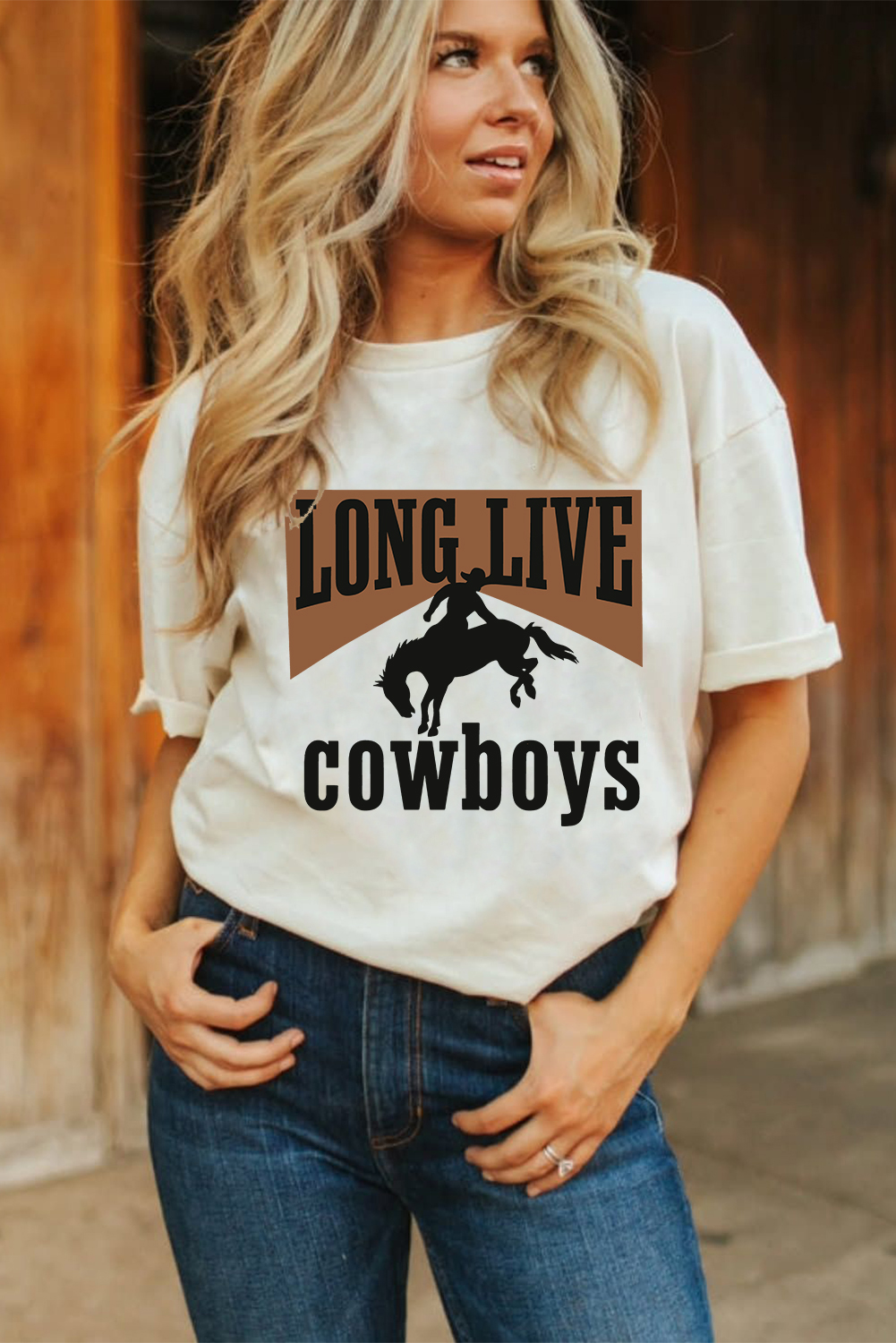 White LONG LIVE Cowboys Western Graphic Loose Tee - loveforevers