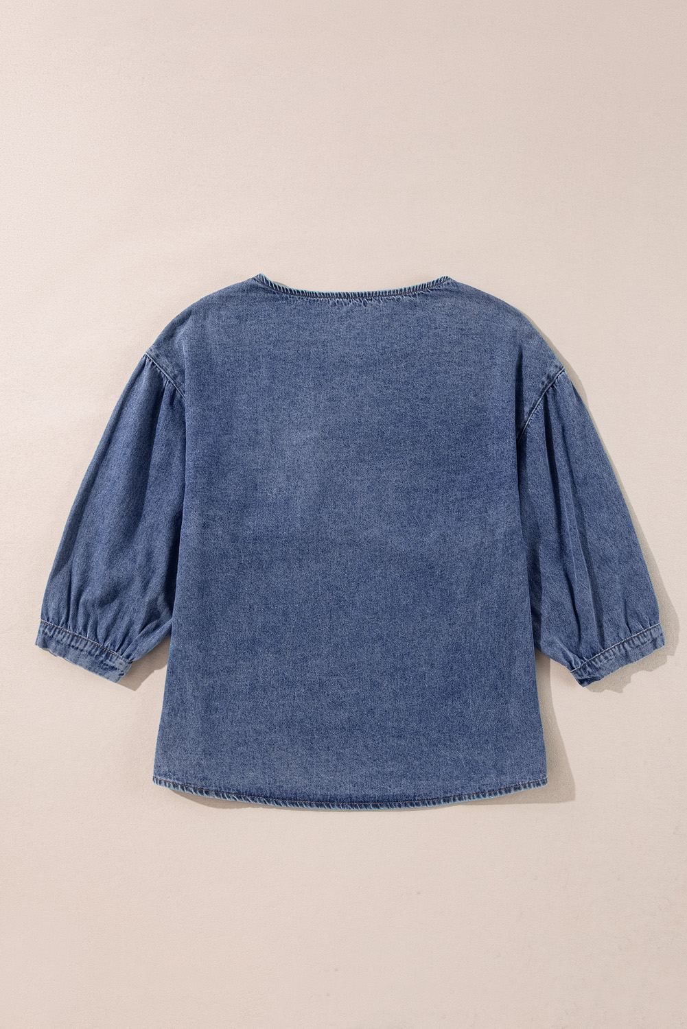 Sky Blue 3/4 Sleeve Ruffled Patched Pocket Denim Blouse - loveforevers