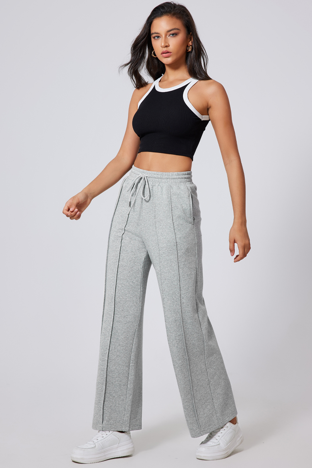 Black Seamed Drawstring High Waist Wide Leg Sweatpants - loveforevers