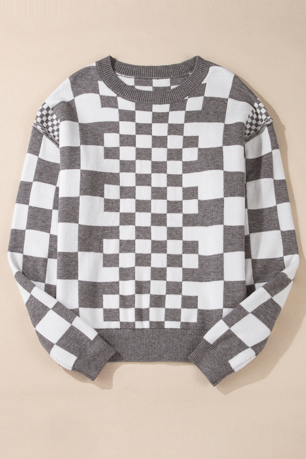 Khaki Checkered Print Drop Shoulder Round Neck Sweater - loveforevers