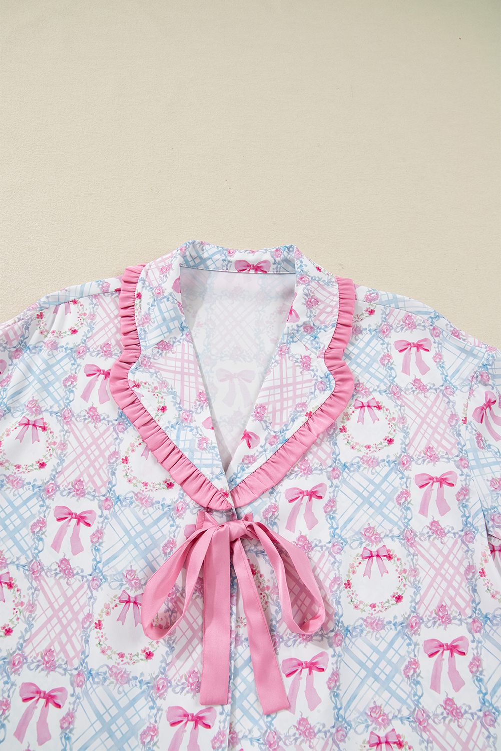 Pink Bow Wreath Pattern Christmas Holiday Tied Front Long Sleeve 2pcs Pajama Set - loveforevers