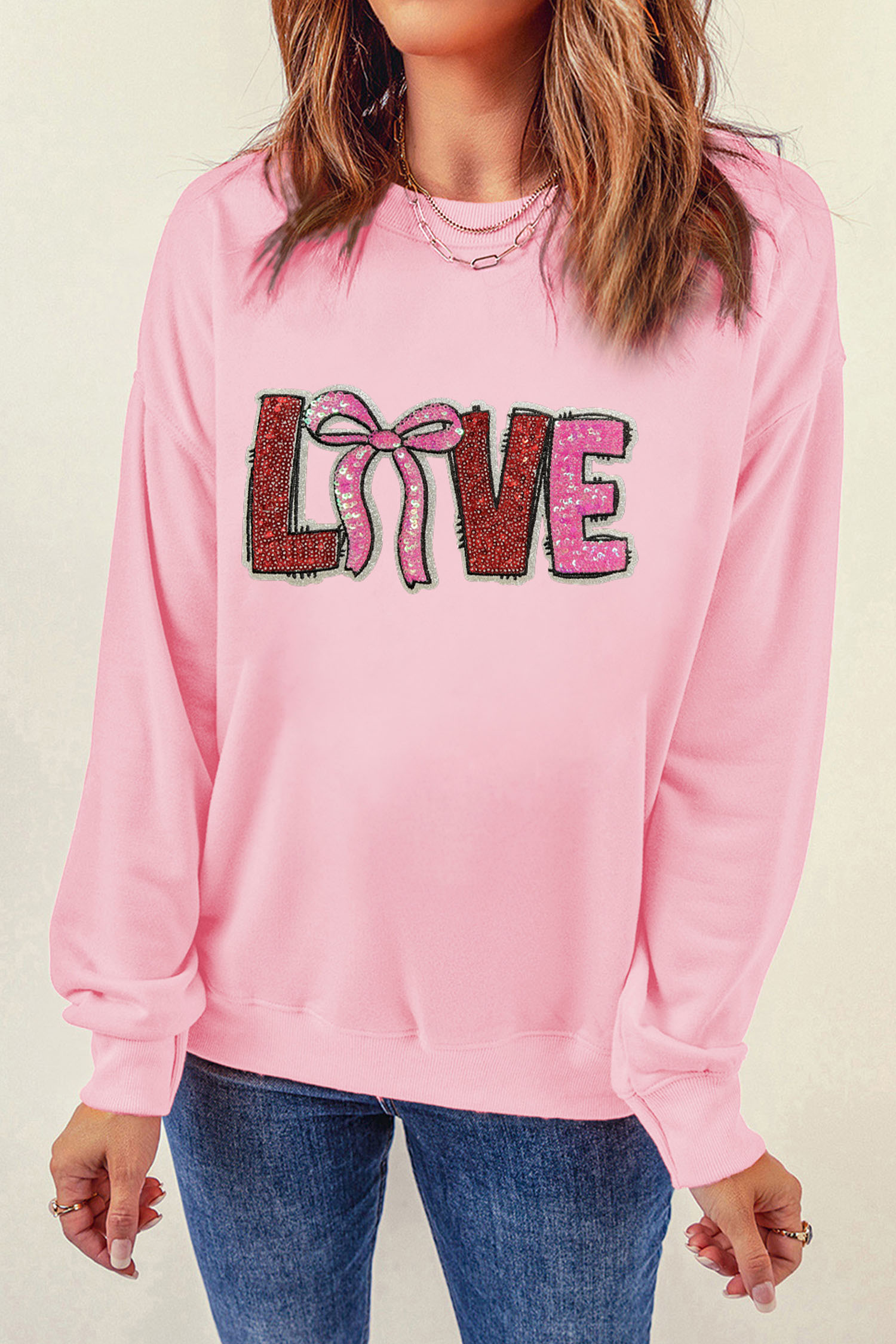 Pink Bow Love Sequin Pattern Valentine Sweatshirt - loveforevers