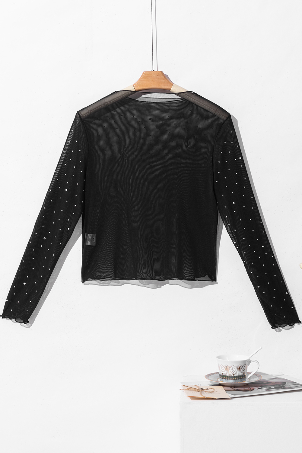 Black Rhinestone Sheer Mesh Slim Fit Long Sleeve Top - loveforevers