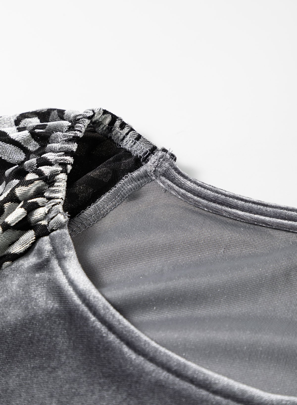 Medium Grey Leopard Splicing Lantern Sleeve Velvet Blouse - loveforevers