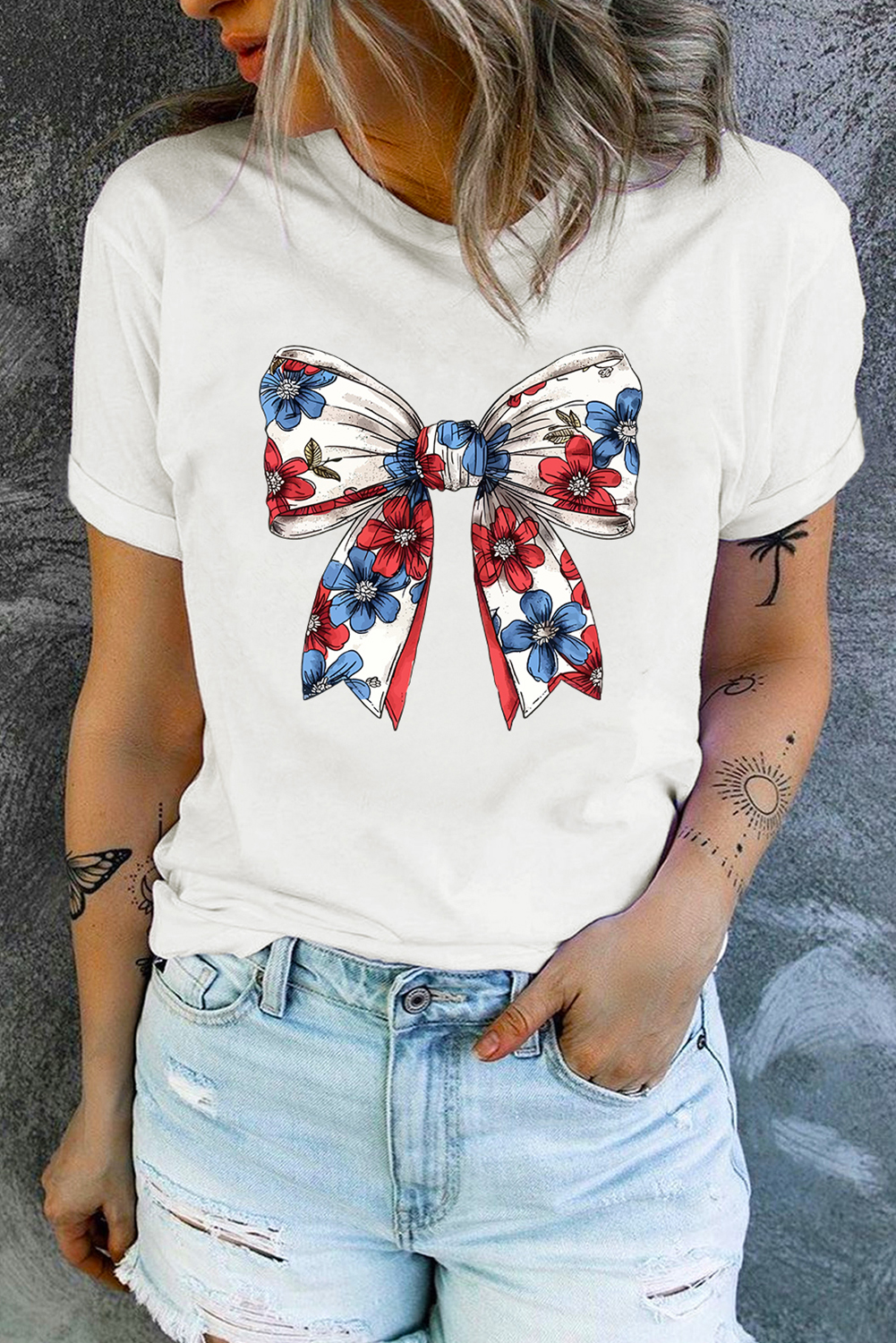 White July 4th Flower Bowknot Print Crew Neck T Shirt - loveforevers